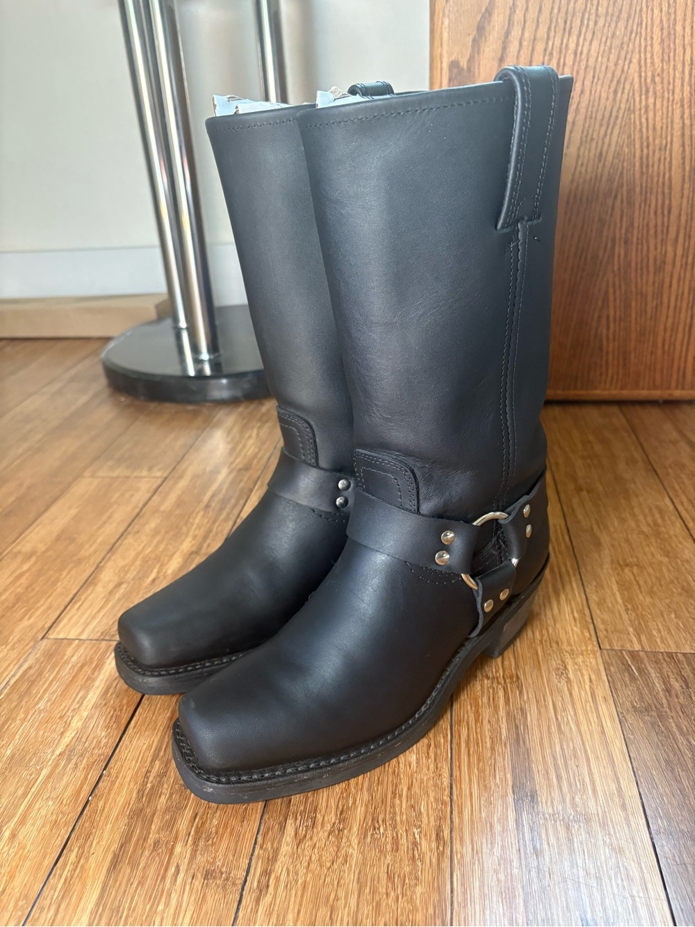 Frye Black Leather Harness Mid-Calf Moto Boots